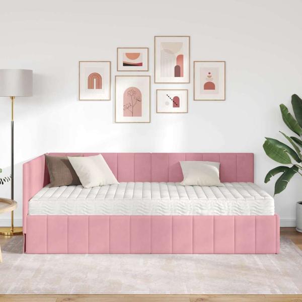 Eckbettgestell mit Matratze mit Kopfteil Rosa 90 x 190 cm Samt