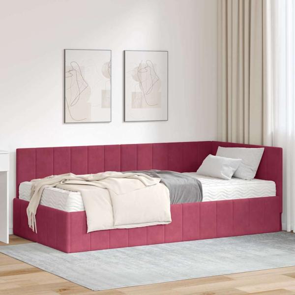 ARDEBO.de - Eckbettgestell mit Matratze Weinrot 90 x 190 cm Samt