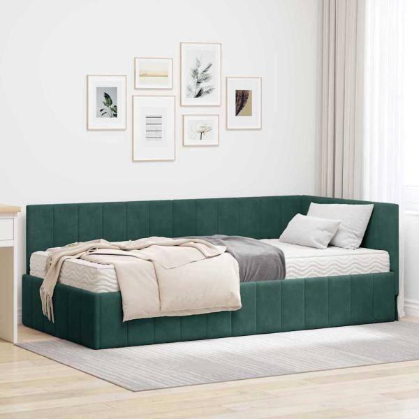 ARDEBO.de - Eckbettgestell mit Matratze Dunkelgrün 100 x 200 cm Samt
