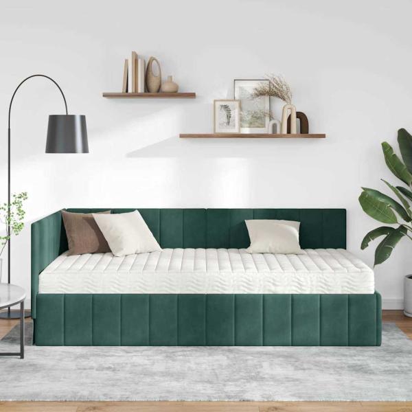Eckbettgestell mit Matratze Dunkelgrün 100 x 200 cm Samt