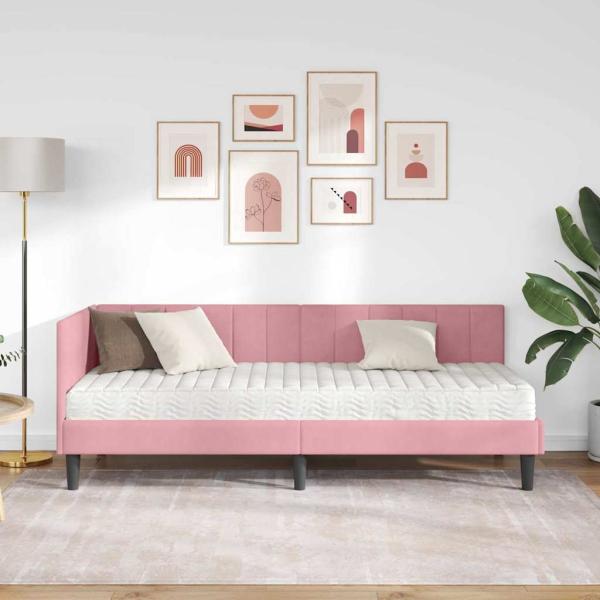 Eckbettgestell mit Matratze mit Kopfteil Rosa 80 x 200 cm Samt