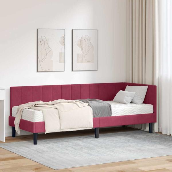 ARDEBO.de - Eckbettgestell mit Matratze Weinrot 80 x 200 cm Samt