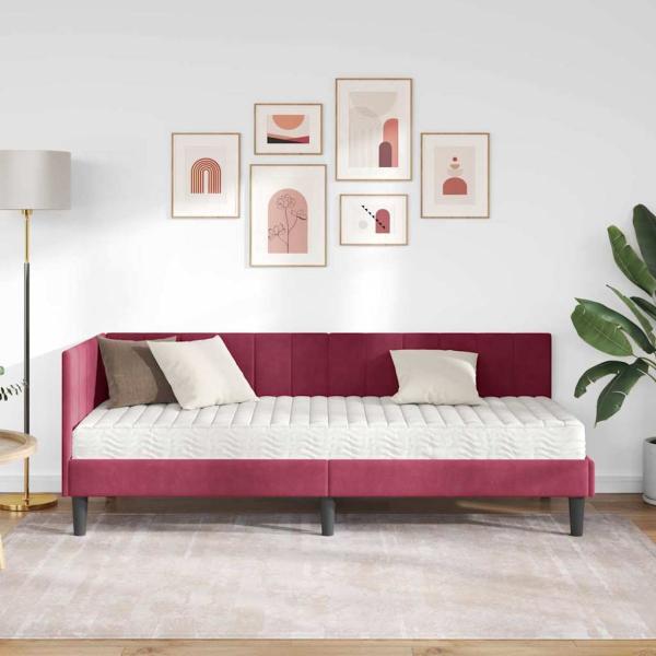 Eckbettgestell mit Matratze Weinrot 80 x 200 cm Samt