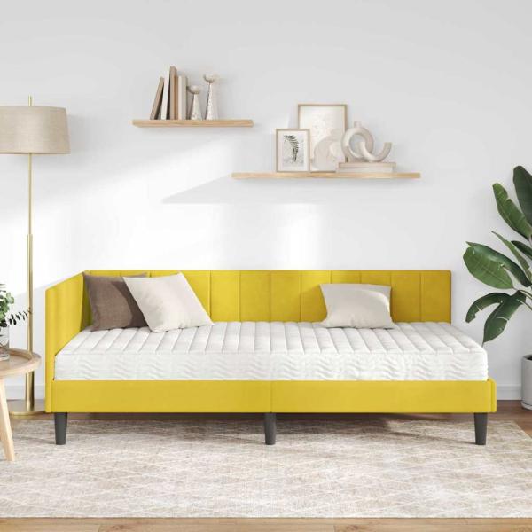Eckbettgestell mit Matratze mit Kopfteil Gelb 90 x 190 cm Samt
