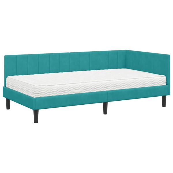 Eckbettgestell mit Matratze Türkis 90 x 190 cm Samt
