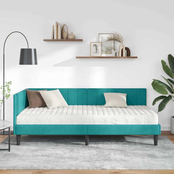 Eckbettgestell mit Matratze Türkis 90 x 190 cm Samt
