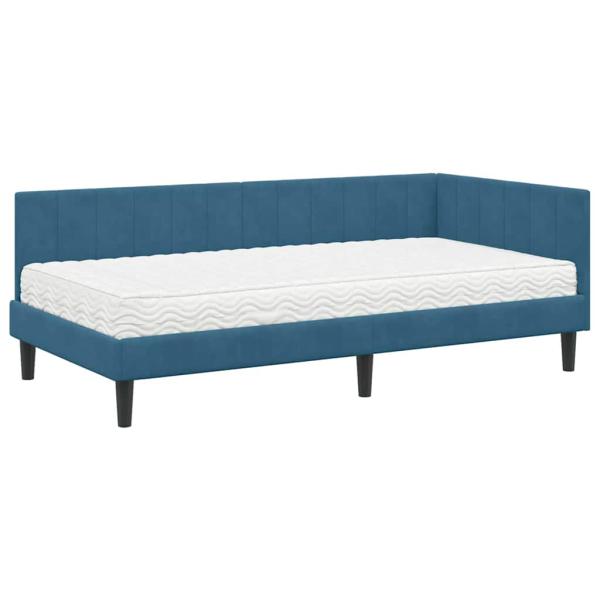 Eckbettgestell mit Matratze mit Kopfteil Blau 90 x 200 cm Samt