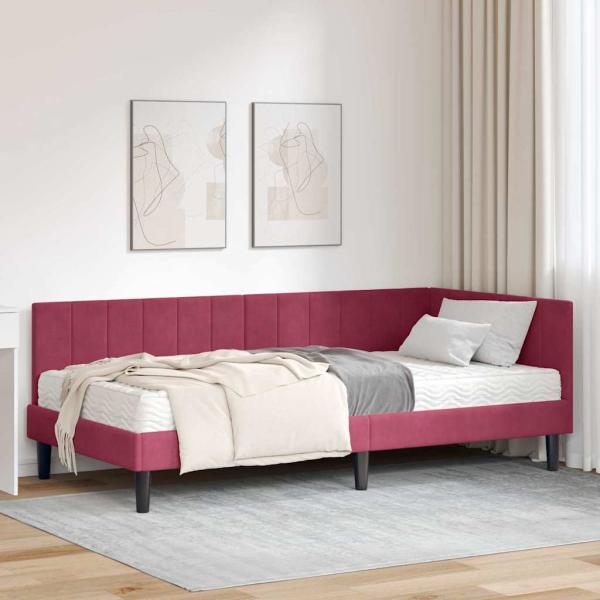 ARDEBO.de - Eckbettgestell mit Matratze Weinrot 100 x 200 cm Samt