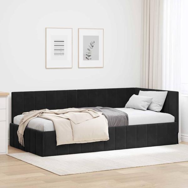 ARDEBO.de - Eckbettgestell mit Kopfteil Schwarz 90 x 190 cm Samt