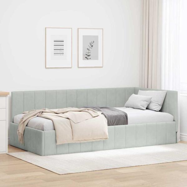 ARDEBO.de - Eckbettgestell mit Kopfteil Hellgrau 90 x 200 cm Samt