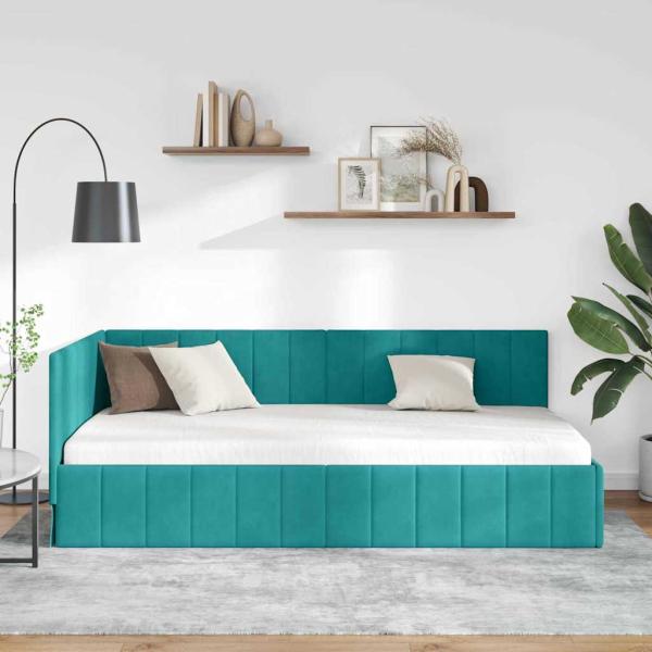 Eckbettgestell mit Kopfteil Türkis 90 x 200 cm Samt