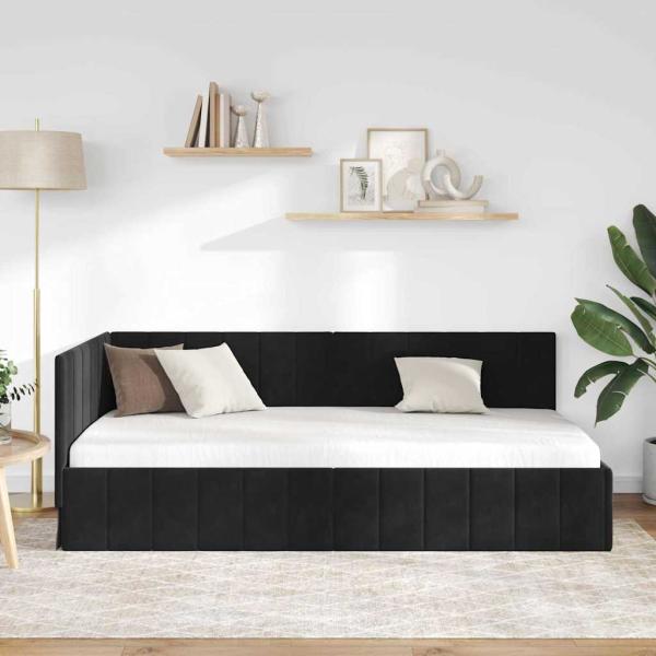 Eckbettgestell mit Kopfteil Schwarz 100 x 200 cm Samt
