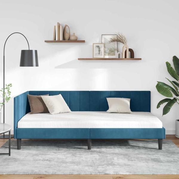 Eckbettgestell mit Kopfteil Blau 90 x 190 cm Samt