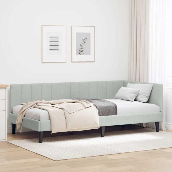 ARDEBO.de - Eckbettgestell mit Kopfteil Hellgrau 90 x 190 cm Samt