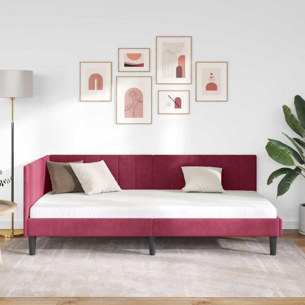 Eckbettgestell mit Kopfteil Weinrot 90 x 190 cm Samt