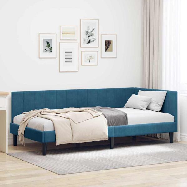 ARDEBO.de - Eckbettgestell mit Kopfteil Blau 100 x 200 cm Samt