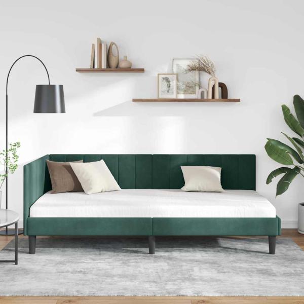 Eckbettgestell mit Kopfteil Dunkelgrün 100 x 200 cm Samt