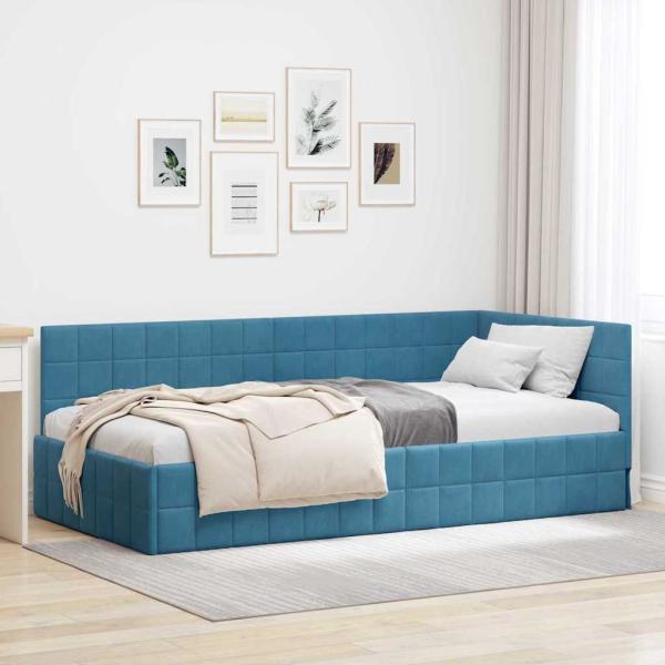ARDEBO.de - Eckbettgestell mit Kopfteil Blau 90 x 200 cm Samt
