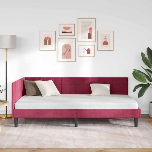 Eckbettgestell mit Kopfteil Weinrot 90 x 190 cm Samt