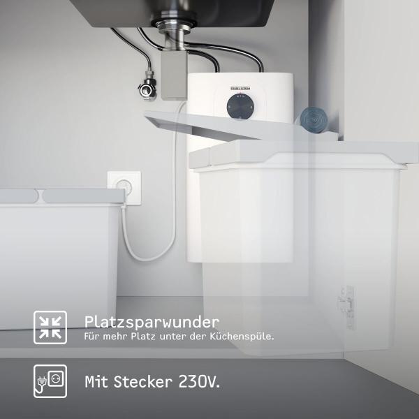 STIEBEL ELTRON Boiler SNU 5 Plus mit Wasserhahn matt-schwarz MAE-B, antitropf-, thermostop-Funktion, sehr kompakt, Untertischboiler 5 Liter Niederdruck, mit Stecker 230V, 2 kW, Made in Germany (208119)