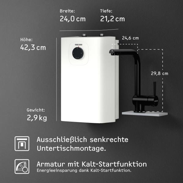 STIEBEL ELTRON Boiler SNU 5 Plus mit Wasserhahn matt-schwarz MAE-B, antitropf-, thermostop-Funktion, sehr kompakt, Untertischboiler 5 Liter Niederdruck, mit Stecker 230V, 2 kW, Made in Germany (208119)