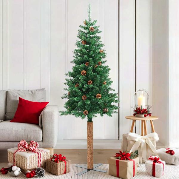 ARDEBO.de - Weihnachtsbaum Schlank mit Echtholz und Zapfen Grün 180 cm PVC