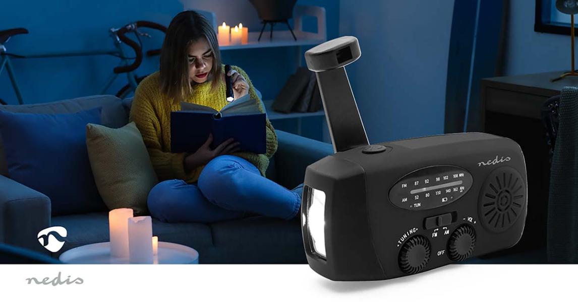 Notfallradio | Tisch Ausführumg | AM / FM | Powerbank Funktion | Akkubetrieben / Handkurbel / Stromversorgung über USB | Schwarz