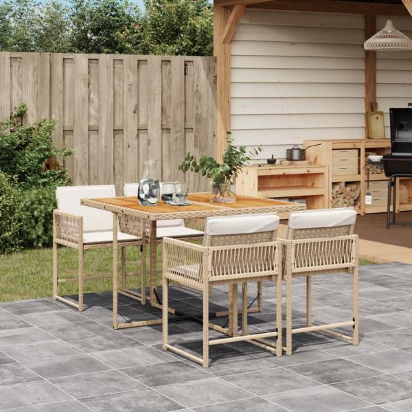 ARDEBO.de - 5-tlg. Garten-Essgruppe mit Kissen Beige Poly Rattan