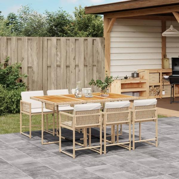 ARDEBO.de - 7-tlg. Garten-Essgruppe mit Kissen Beige Poly Rattan