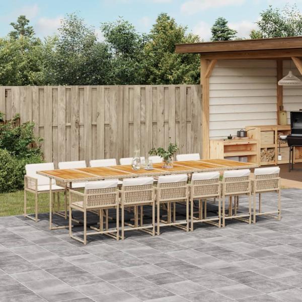 ARDEBO.de - 13-tlg. Garten-Essgruppe mit Kissen Beige Poly Rattan