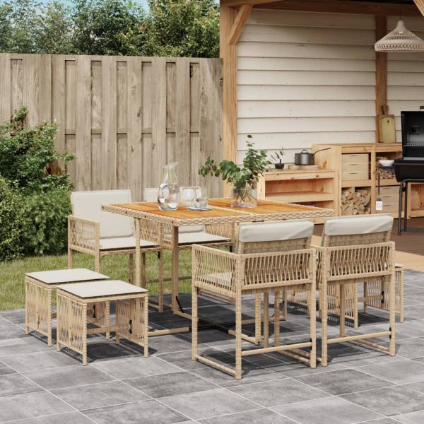 ARDEBO.de - 9-tlg. Garten-Essgruppe mit Kissen Beige Poly Rattan