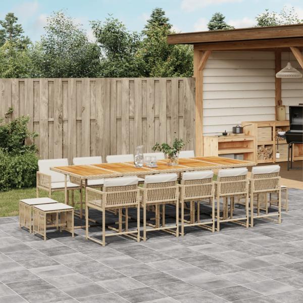 ARDEBO.de - 15-tlg. Garten-Essgruppe mit Kissen Beige Poly Rattan