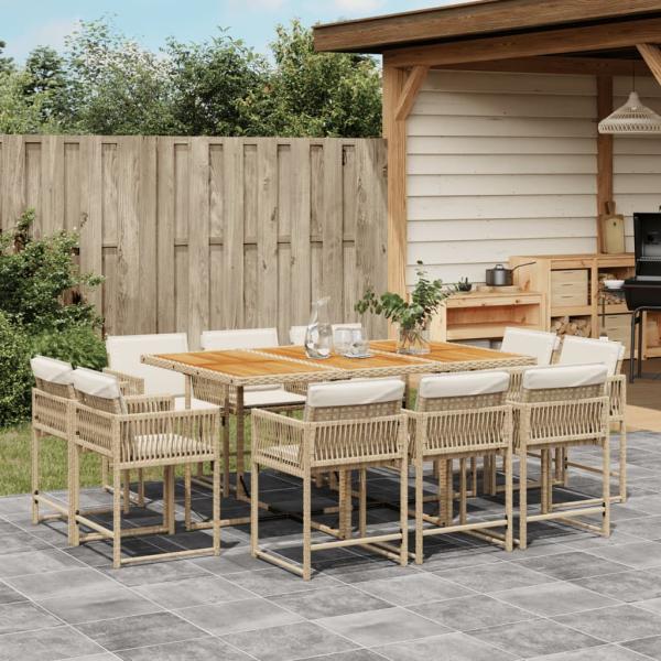 ARDEBO.de - 11-tlg. Garten-Essgruppe mit Kissen Beige Poly Rattan