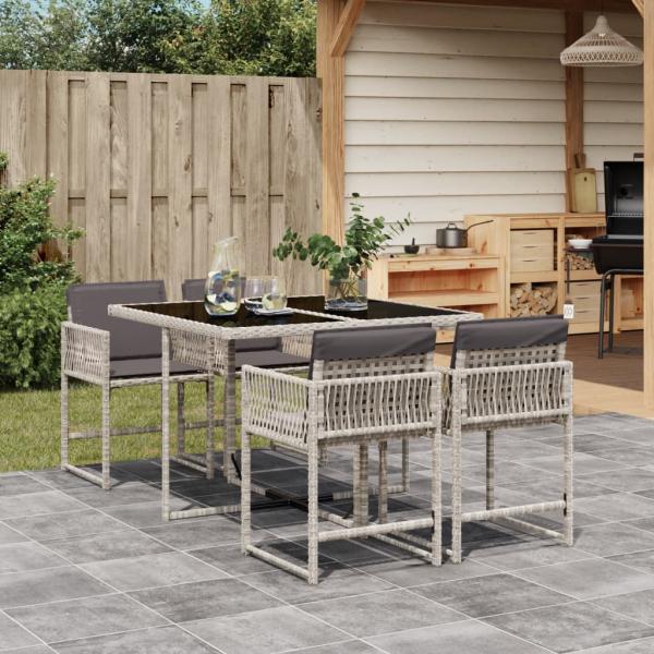 ARDEBO.de - 5-tlg. Garten-Essgruppe mit Kissen Hellgrau Poly Rattan