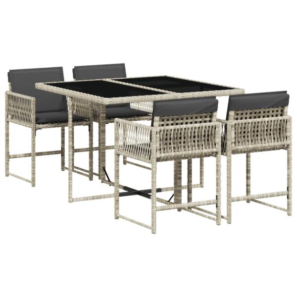 5-tlg. Garten-Essgruppe mit Kissen Hellgrau Poly Rattan