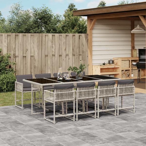 ARDEBO.de - 9-tlg. Garten-Essgruppe mit Kissen Hellgrau Poly Rattan