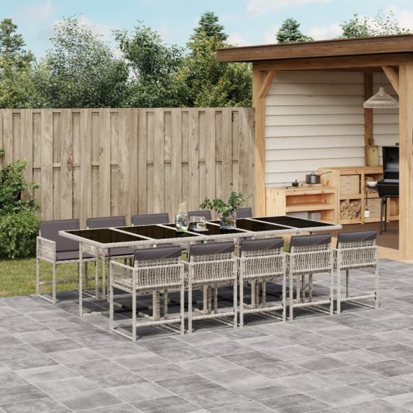 ARDEBO.de - 11-tlg. Garten-Essgruppe mit Kissen Hellgrau Poly Rattan
