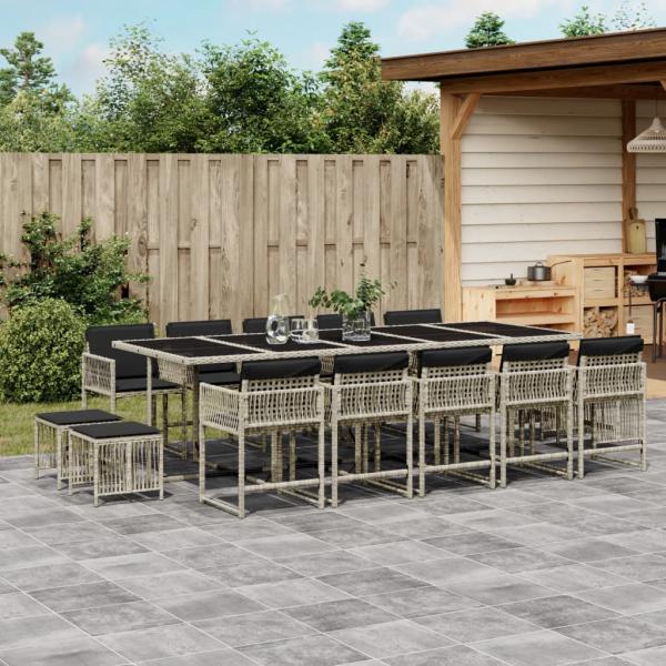ARDEBO.de - 15-tlg. Garten-Essgruppe mit Kissen Hellgrau Poly Rattan