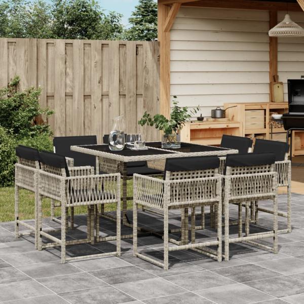 ARDEBO.de - 9-tlg. Garten-Essgruppe mit Kissen Hellgrau Poly Rattan