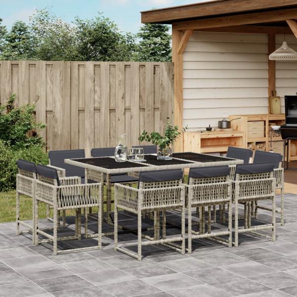 ARDEBO.de - 11-tlg. Garten-Essgruppe mit Kissen Hellgrau Poly Rattan