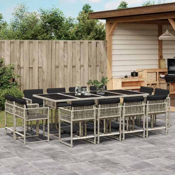 ARDEBO.de - 13-tlg. Garten-Essgruppe mit Kissen Hellgrau Poly Rattan