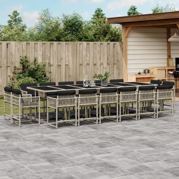 ARDEBO.de - 17-tlg. Garten-Essgruppe mit Kissen Hellgrau Poly Rattan