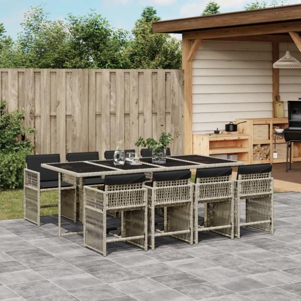 ARDEBO.de - 9-tlg. Garten-Essgruppe mit Kissen Hellgrau Poly Rattan