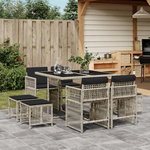 ARDEBO.de - 9-tlg. Garten-Essgruppe mit Kissen Hellgrau Poly Rattan
