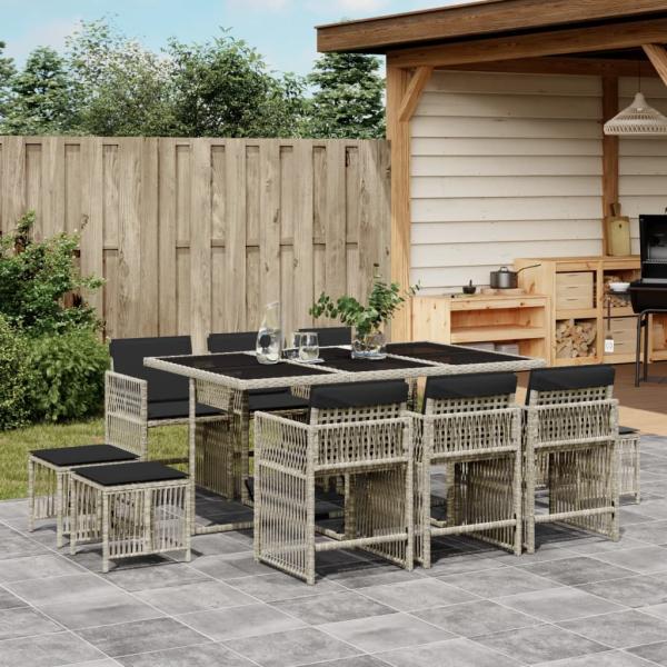 ARDEBO.de - 11-tlg. Garten-Essgruppe mit Kissen Hellgrau Poly Rattan
