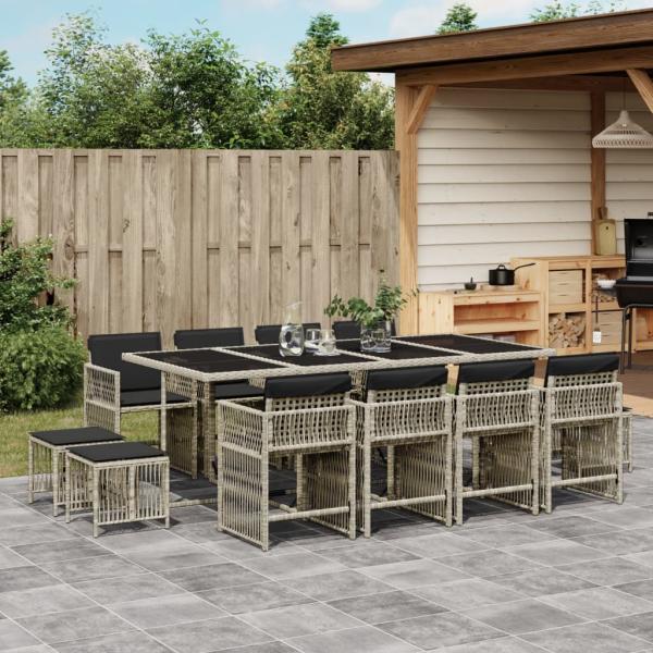 ARDEBO.de - 13-tlg. Garten-Essgruppe mit Kissen Hellgrau Poly Rattan