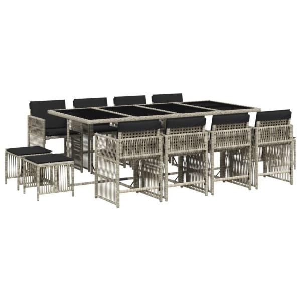 13-tlg. Garten-Essgruppe mit Kissen Hellgrau Poly Rattan