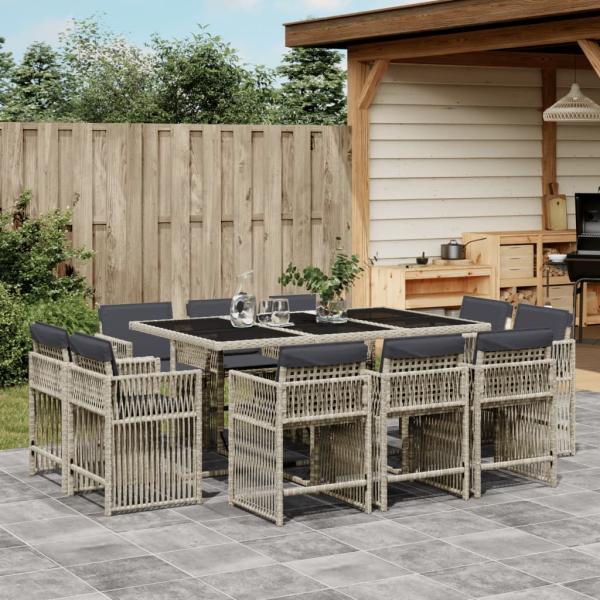 ARDEBO.de - 11-tlg. Garten-Essgruppe mit Kissen Hellgrau Poly Rattan