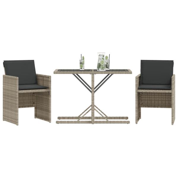 3-tlg. Bistro-Set mit Kissen Hellgrau Poly Rattan