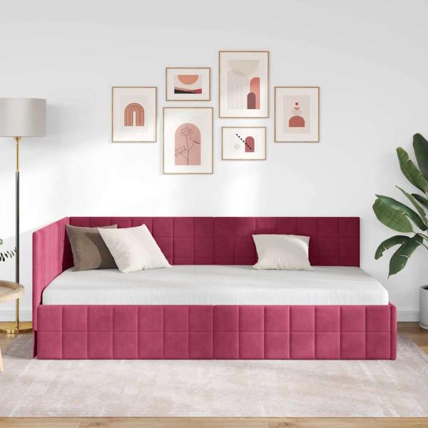 Eckbettgestell mit Kopfteil Weinrot 90 x 200 cm Samt